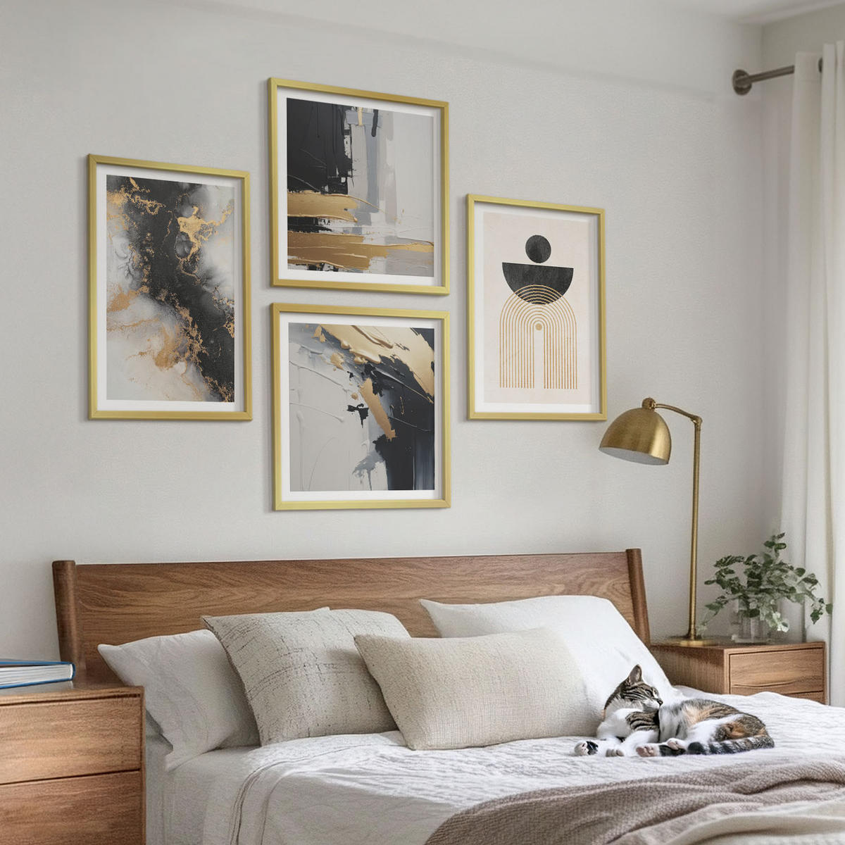 BILDER SET 4er Set - 50x50 cm & 40x60 cm Goldrahmen - Abstrakte Geometrie-Komposition - Goldfarben, Kunststoff (50/50cm) - TULUP