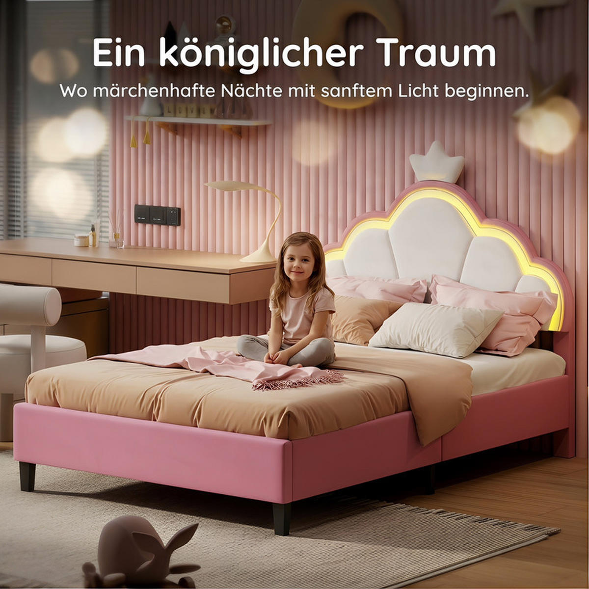 KINDERBETT 90/200 cm rosa mit Kronenkopfteil und LED - Rosa, Holz - SHOPENTRA