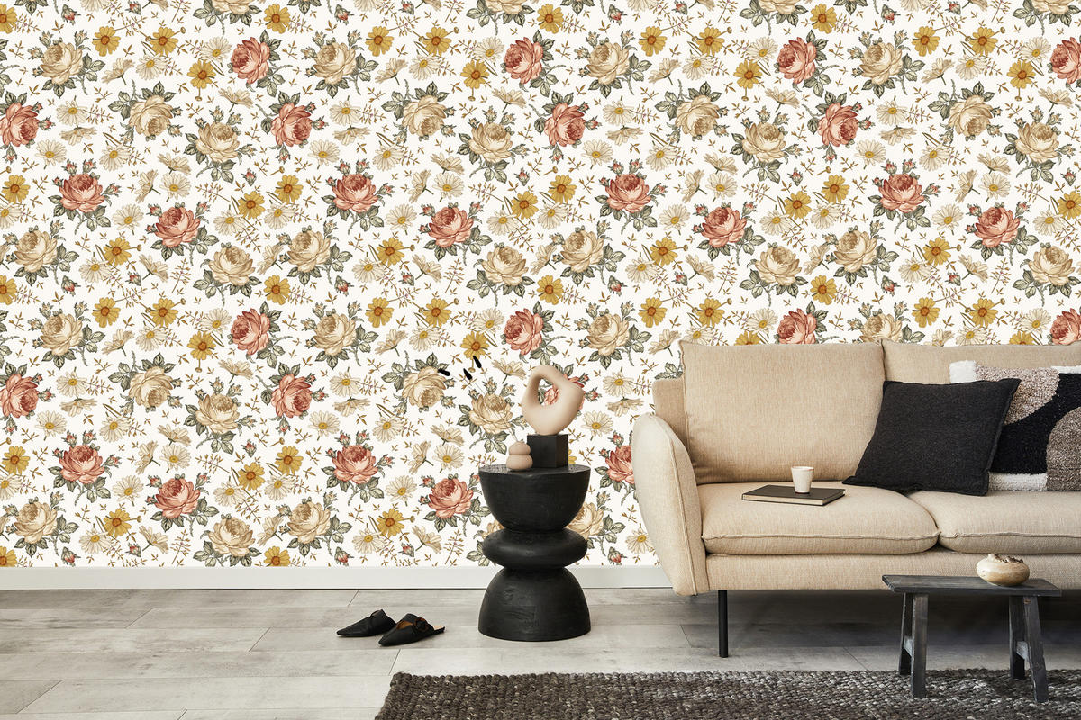 VLIESTAPETE Rosen und Kamillenblüten – Rosa, Gelb, Weiß – 50x1000 cm - Gelb/Rosa, Papier (50/1000cm) - Muralo