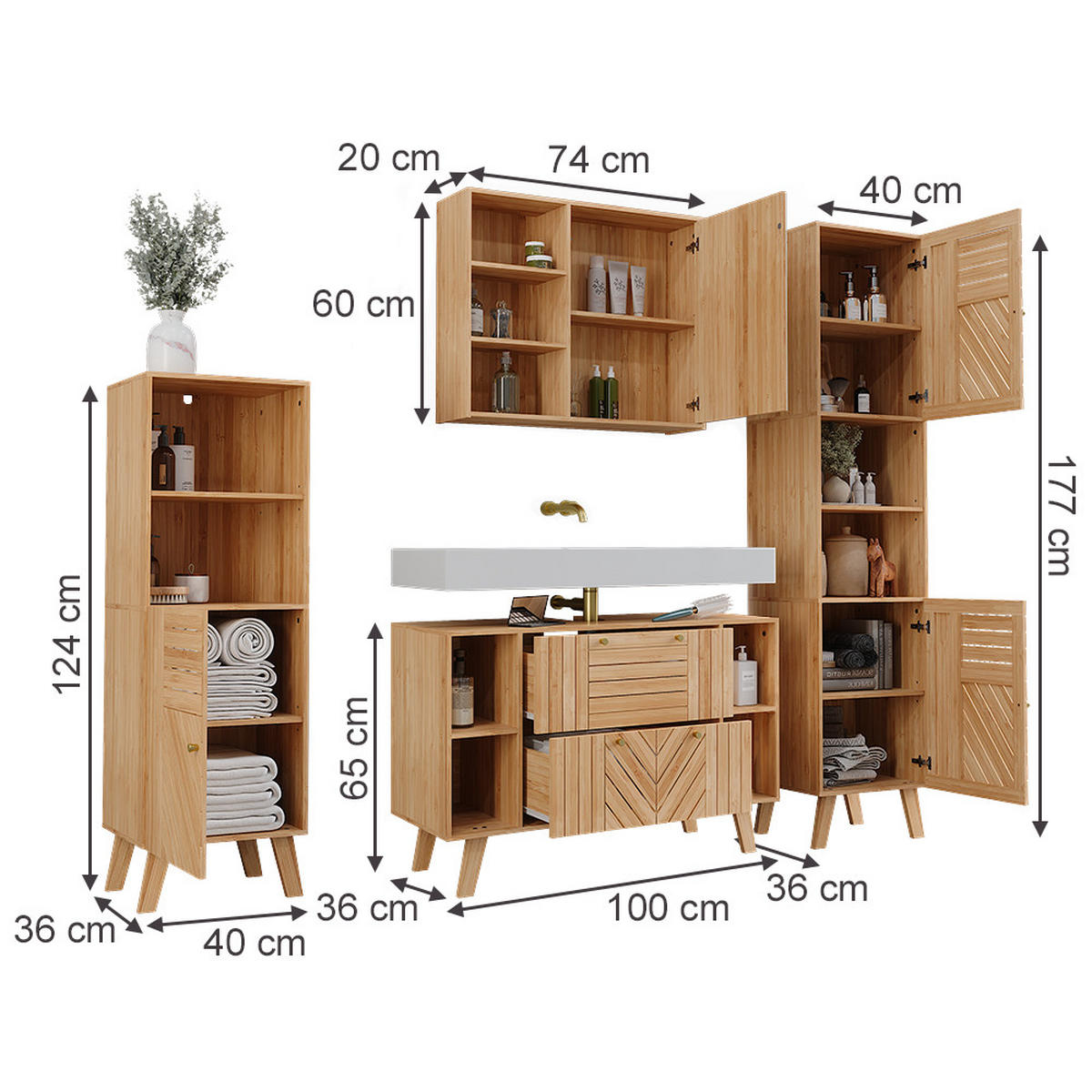 BADMÖBEL-SET Lucie Bambus 4 Teile - Grün, Holzwerkstoff (100/65/36cm) - Vicco
