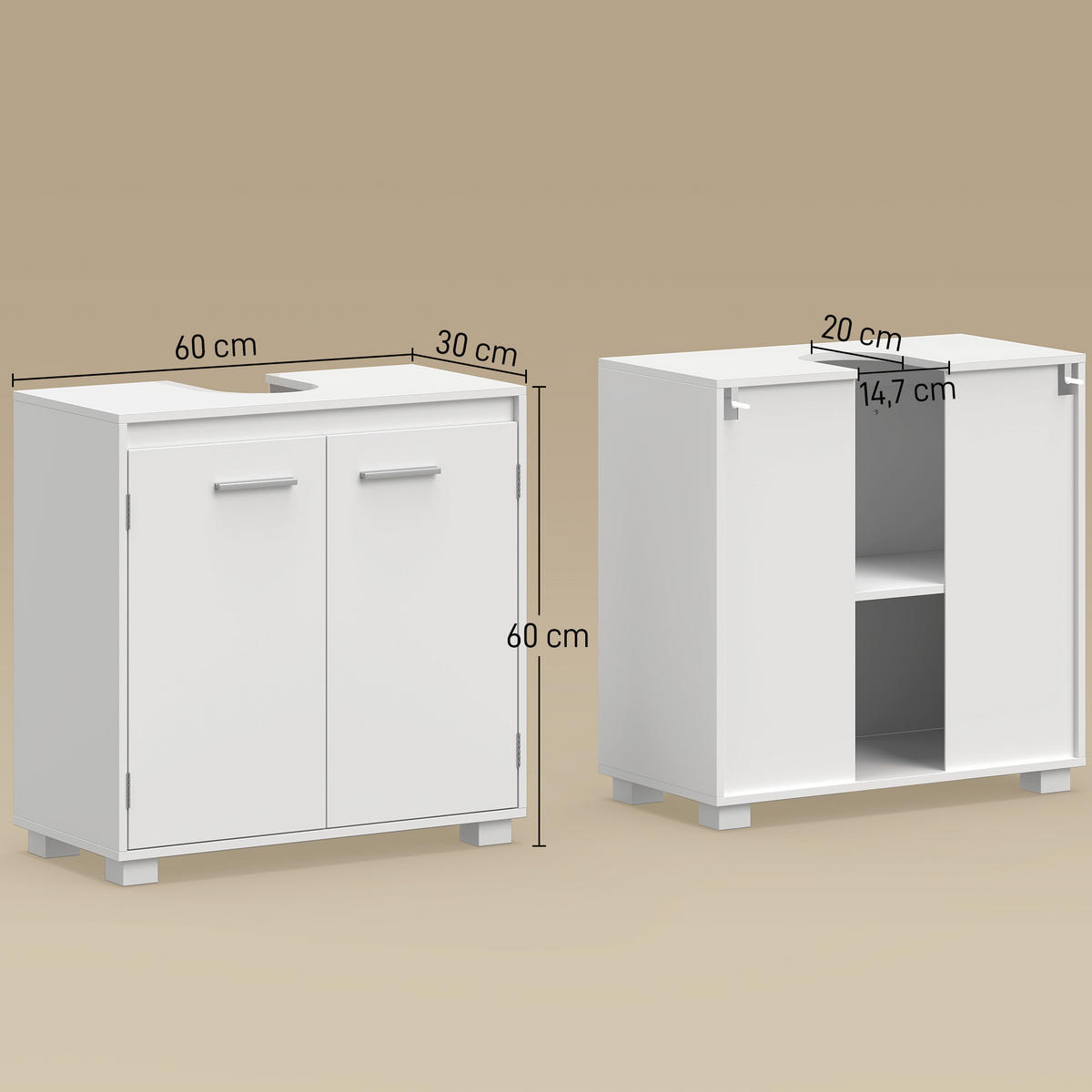 WASCHBECKENUNTERSCHRANK MDF Weiß - Silberfarben/Weiß, Holzwerkstoff/Metall (30/60/60cm) - HOMCOM