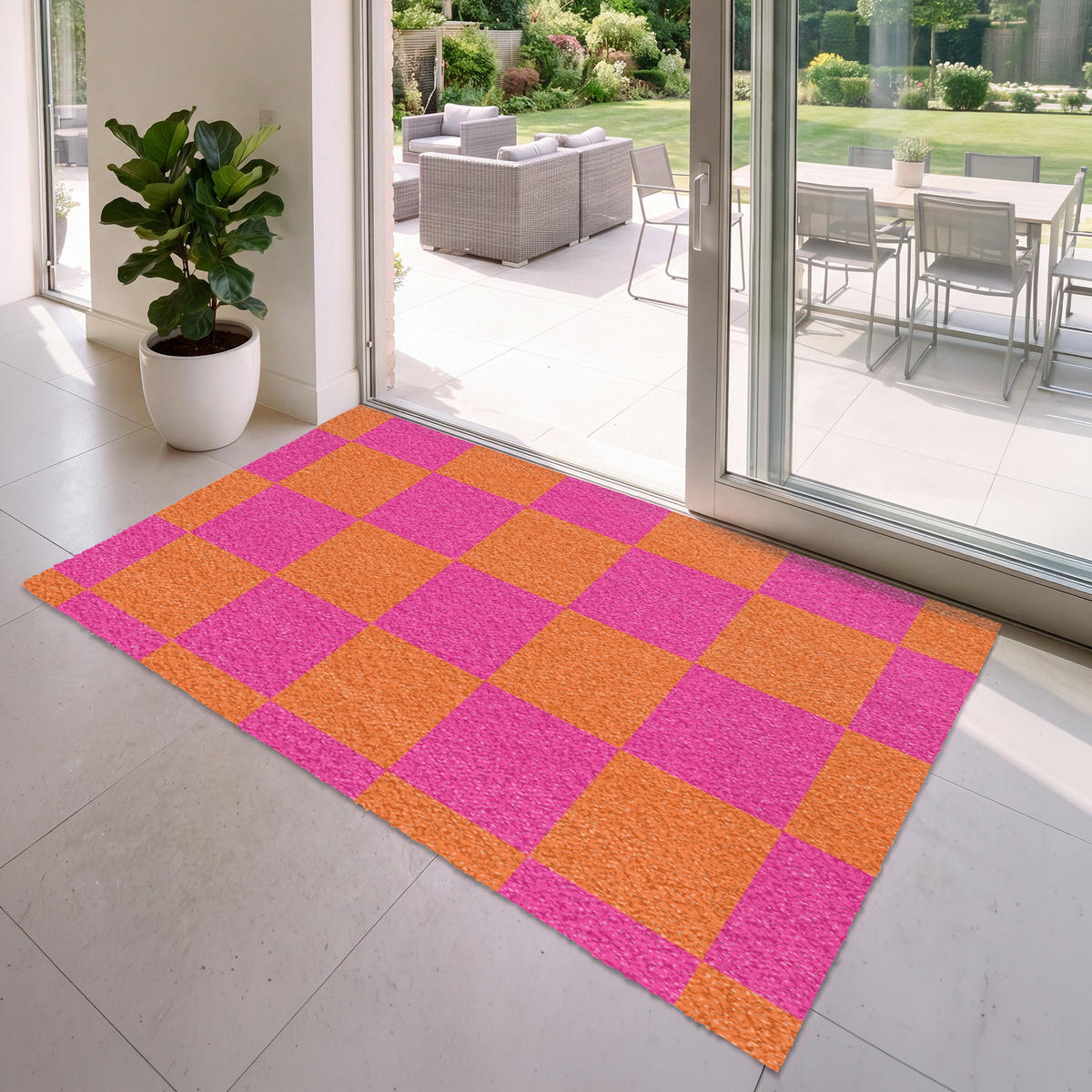 FUSSMATTE Schachbrettmuster - Orange - Rosa - Blöcke Schmutzfangmatte 180x120 cm - Pink, Kunststoff (180/120cm) - MuchoWow