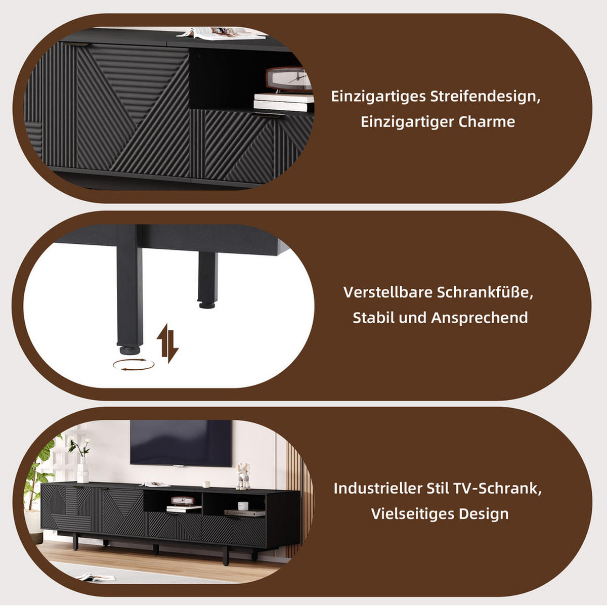 TV-SCHRANK 200x40cm Modern abstrakte Linien Stauraum Schwarz bis 90 Zoll - Schwarz, Holz (52.07/12.19/115.06cm) - FLIEKS