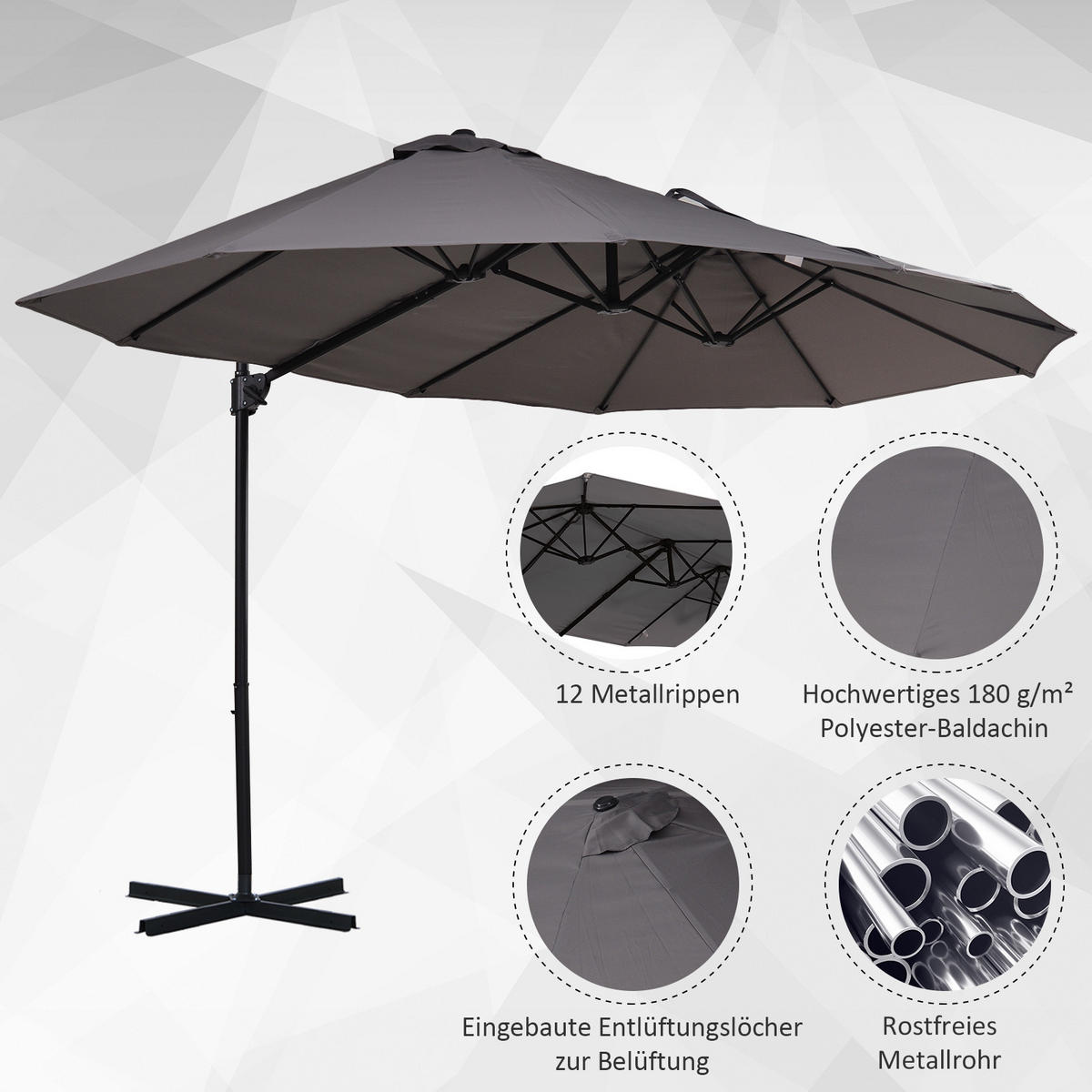DOPPELSONNENSCHIRM, Ampelschirm mit Kurbel, Verstellbarer Gartenschirm, Metall, Dunkelgrau - Dunkelgrau, Metall (445/270cm) - Outsunny