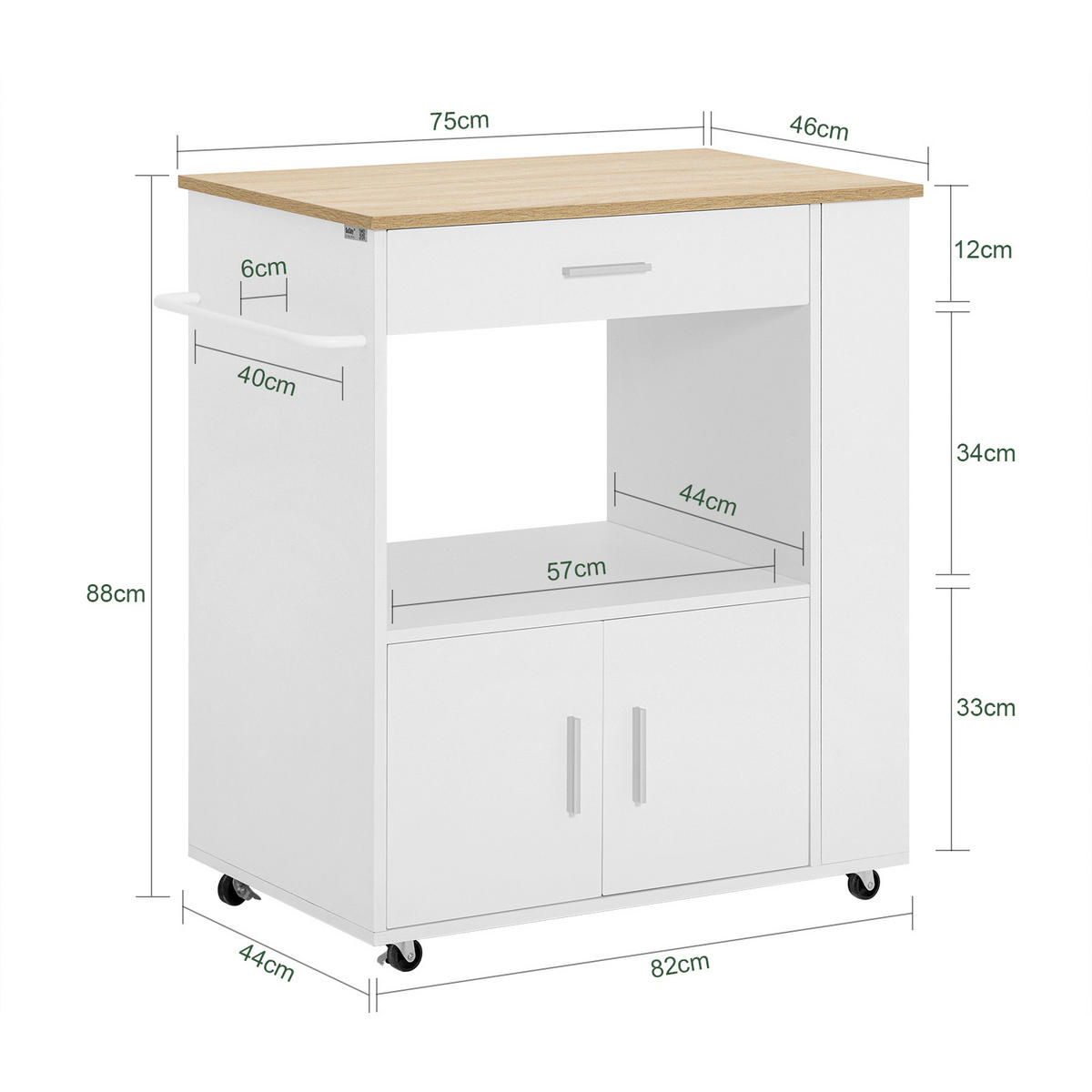KÜCHENWAGEN mit Arbeitsplatte, Servierwagen, Weiß - Weiß, Holzwerkstoff (82/88/46cm) - SoBuy