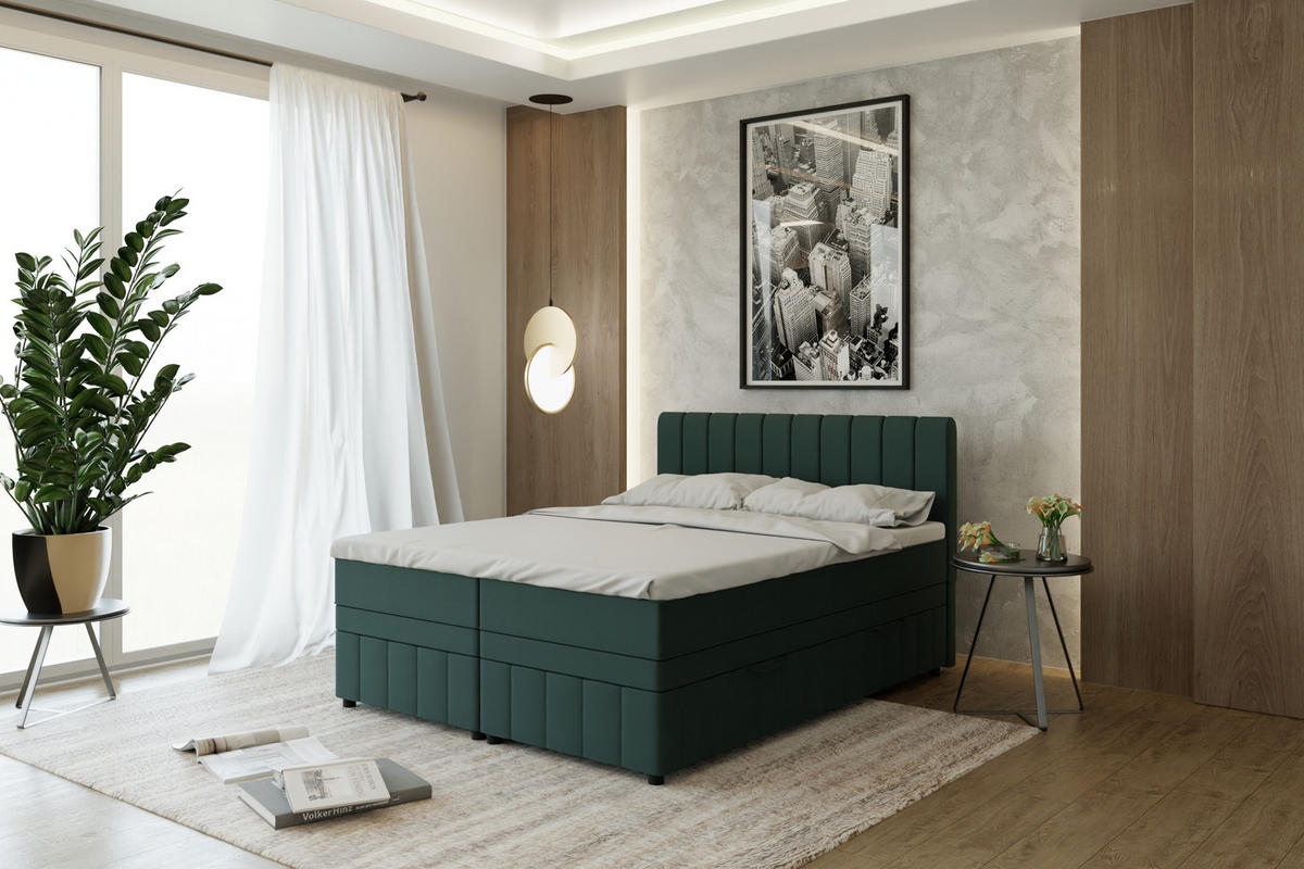 BOXBETT AVALON 160 x 200 cm mit Bettkasten und Topper - Dunkelgrün - Dunkelgrün, Holz - Panda Möbel