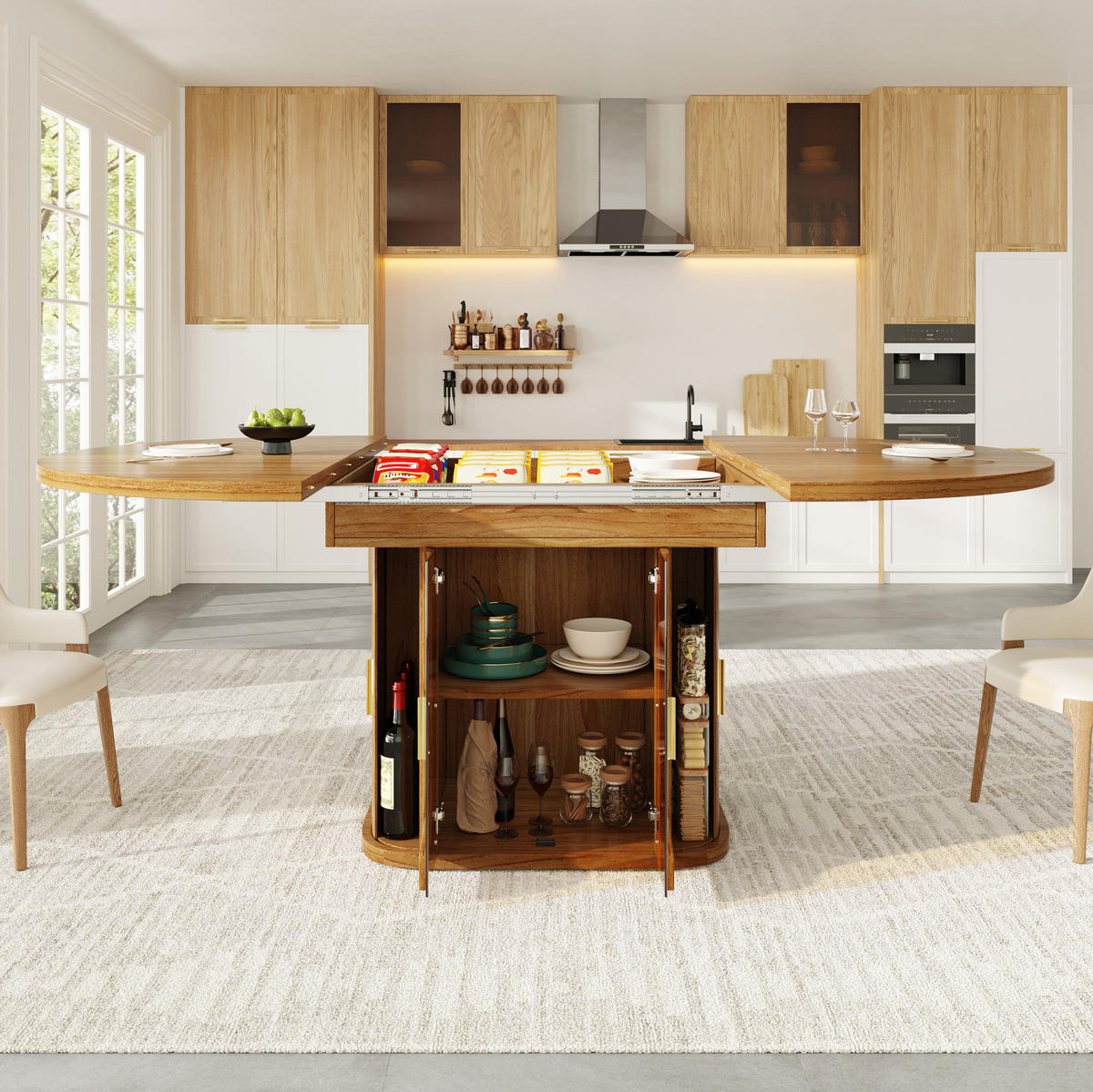 ESSTISCH aus MDF 118-158x118x77 cm Walnuss ausziehbar mit Stauraum, Schubladen und Glasfronten - Braun, Holzwerkstoff (118/118/77cm) - Modfu