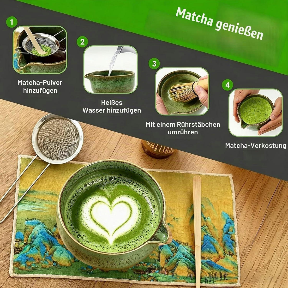 MATCHA Set 8-teiliges Premium Tea Set mit Bambus-Chasen Grün - Grün, Keramik (13/10.5/13cm)