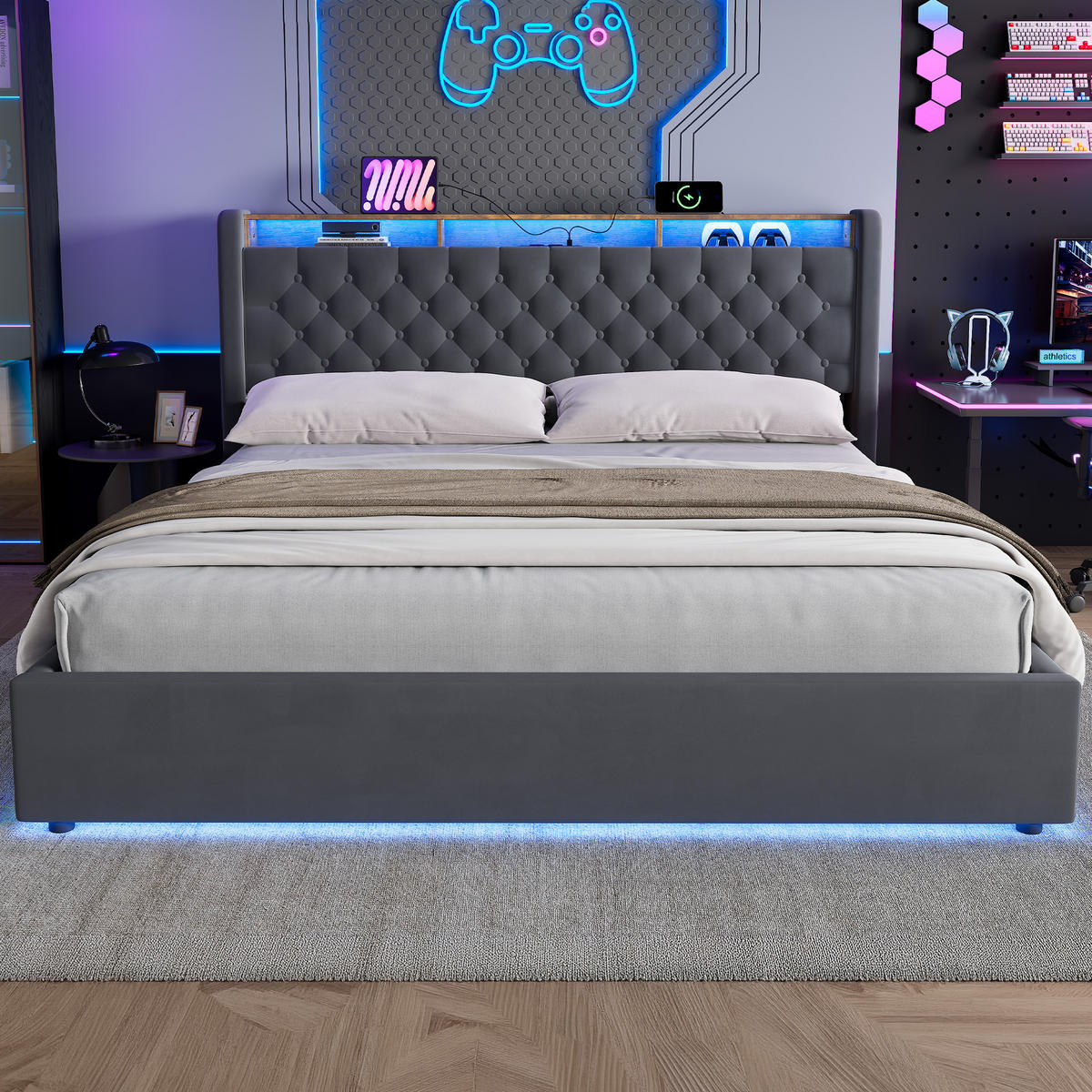 POLSTERBETT 180/200 cm in Dunkelgrau Samt mit Bettkasten, LED-Beleuchtung und USB-Anschluss - Dunkelgrau, Holzwerkstoff/Textil (180/200cm) - CHICFURN