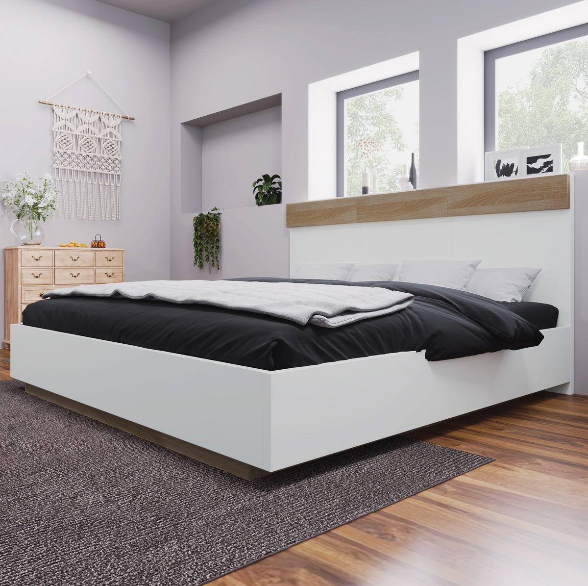 DOPPELBETT 140/200 cm mit Lattenrost in Schwebeoptik und hohem Kopfteil, werkstoff Sonoma-Eiche/Weiß - Weiß, Holzwerkstoff (140/200cm) - Redom
