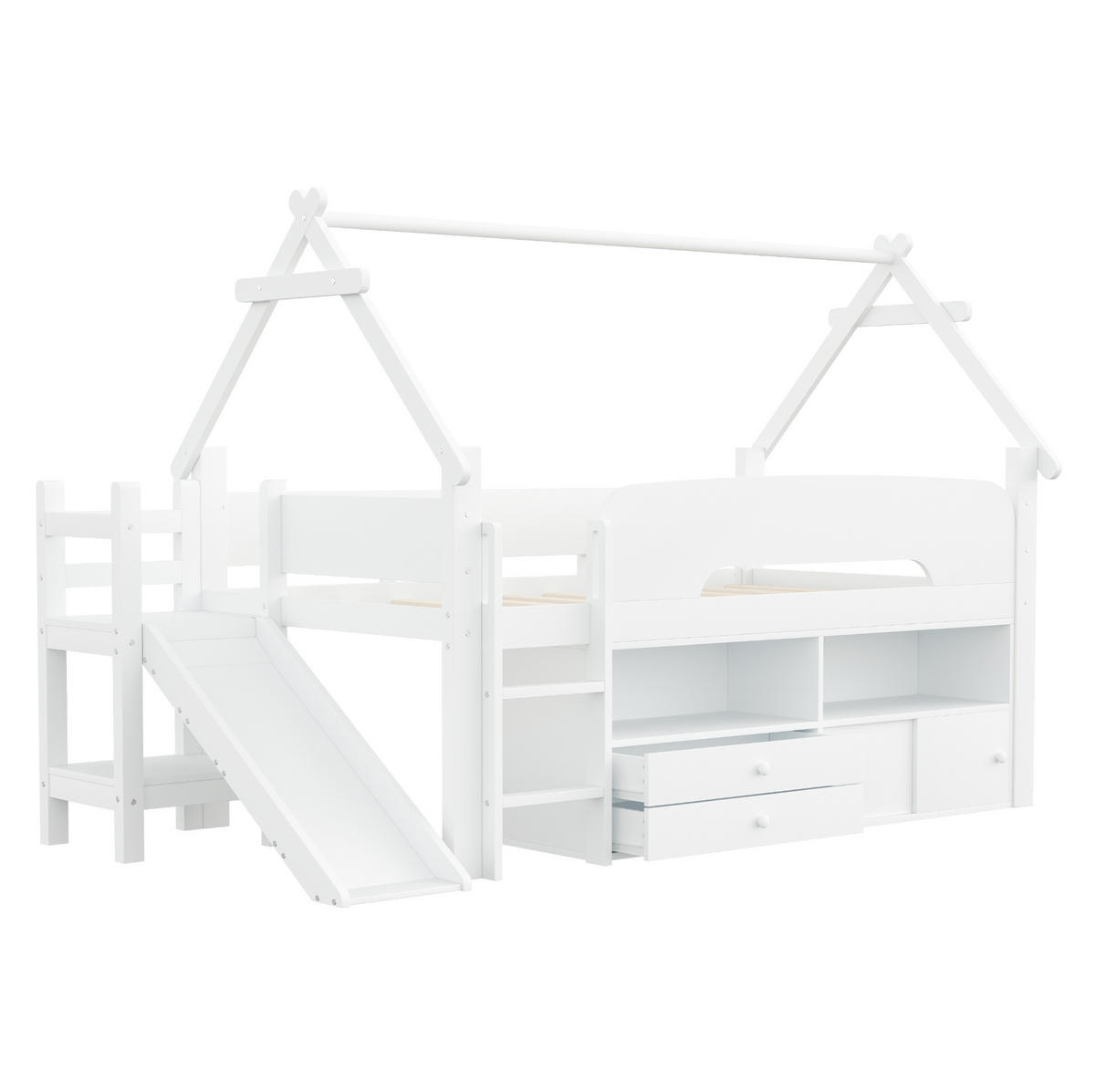 HAUSBETT 90/200 cm Weiß mit Rutsche und Sicherheitsgeländer - Weiß, Holz (90/200cm) - MIVRAY