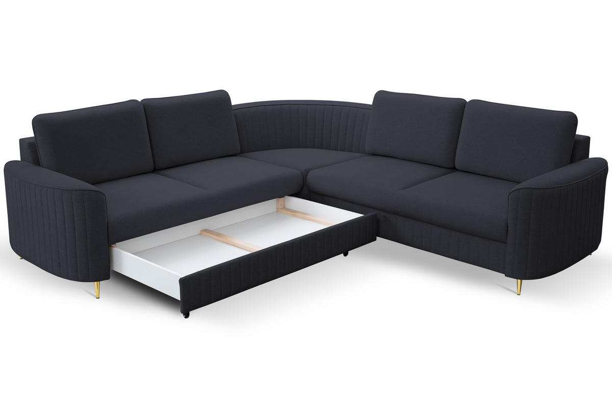 ECKSOFA LAREN, modernes Schlafsofa mit Stauraum, Plastikfüße, L-förmig, lose Rückenkissen freistehend, LINKS 251x252x85 cm Dark blue - Dunkelblau, Holz/Textil (251/252cm) - DomoHome