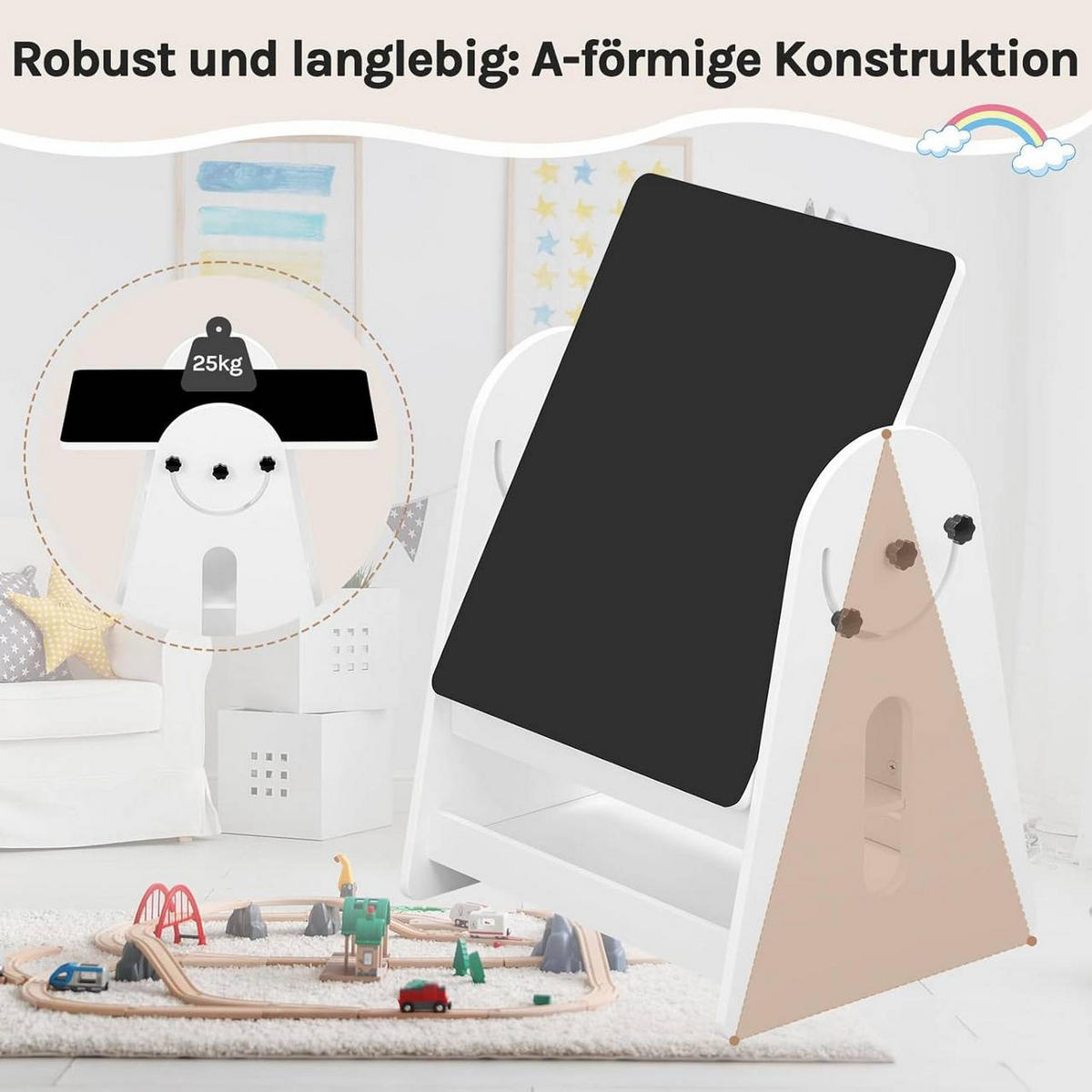 KINDERTISCH mit 2 Stühlen, Stauraum Tafel, Maltisch, Weiß - Weiß, Holzwerkstoff (60/60/57.5cm) - Woltu