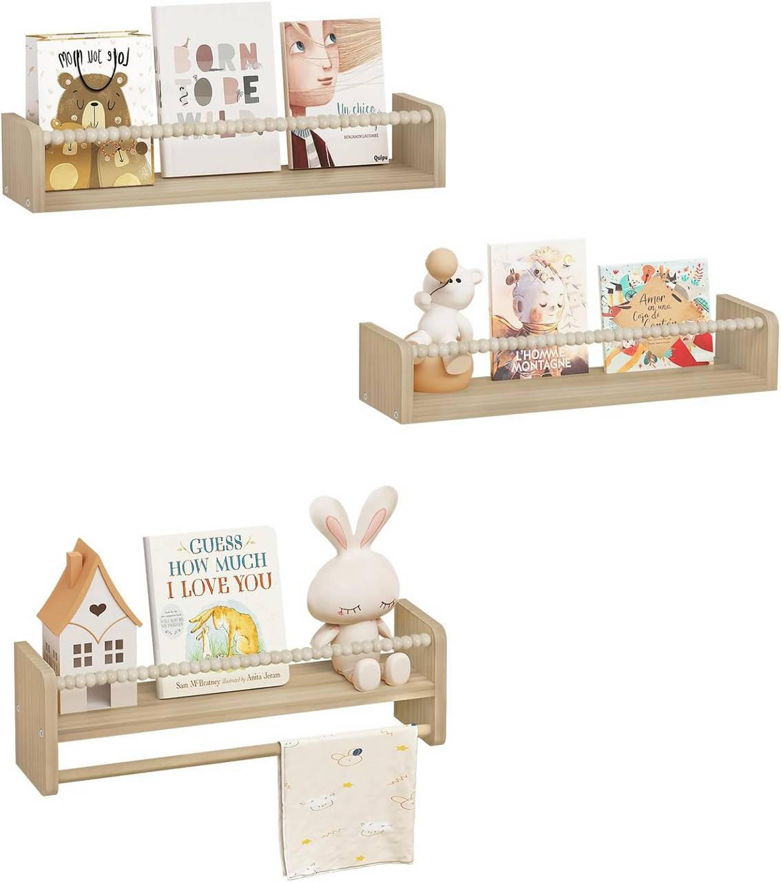 KINDER-WANDREGAL 3er Set, Massivholz, 50 x 15 x 14 cm - Naturfarben, Holz (50/15/14cm) - Woltu