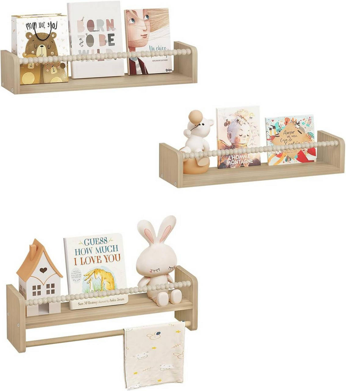 KINDER-WANDREGAL 3er Set, Massivholz, 50 x 15 x 14 cm - Naturfarben, Holz (50/15/14cm) - Woltu
