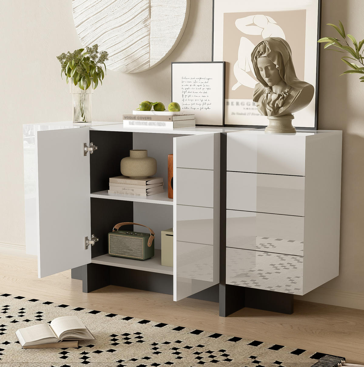 SIDEBOARD 150/40/80,5 cm mit 2 Türen, 4 Schubladen und Hochglanz-Oberfläche aus MDF und Holzwerkstoff, Weiß/Schwarz - Weiß, Holzwerkstoff (150/80.5/40cm) - Redom