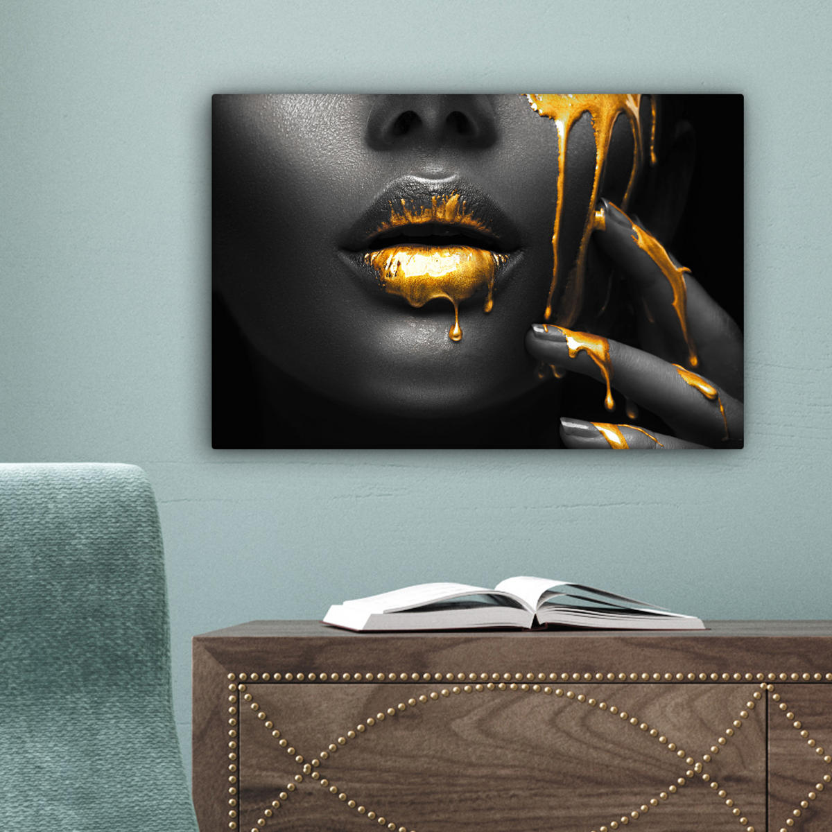 LEINWANDBILD Frau - Schwarz - Gold - Gesicht - Lippen 30x20 cm - Goldfarben, Textil (30/20cm) - MuchoWow