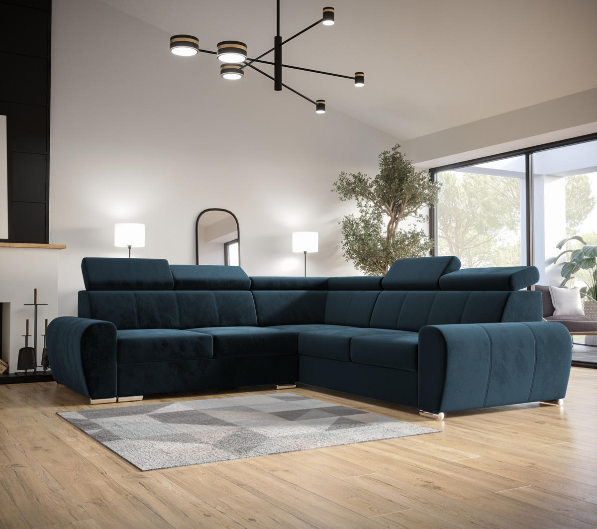ECKSOFA APOLLO,mit Schlaffunktion und Bettkasten, Farbe: Blau, Velourstoff, Ottomane Rechts - Blau, Textil (255/255cm) - O-Sofa