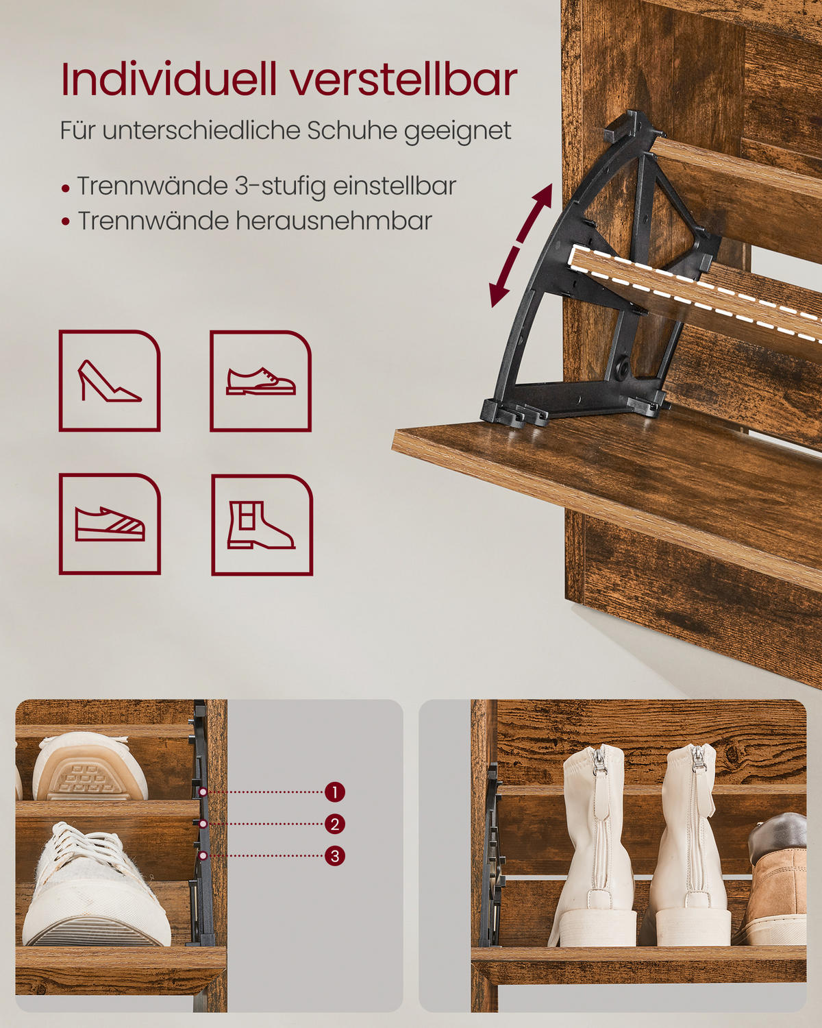 SCHUHSCHRANK Kobe - Braun, Holzwerkstoff (24/139/60cm) - VASAGLE