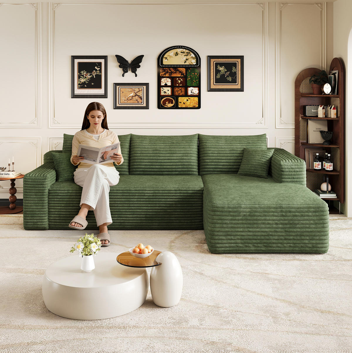 ECKSOFA 241 cm mit Chaiselongue, modularer Aufbau und Cordbezug, Grün - Grün, Textil (241/151cm) - Redom