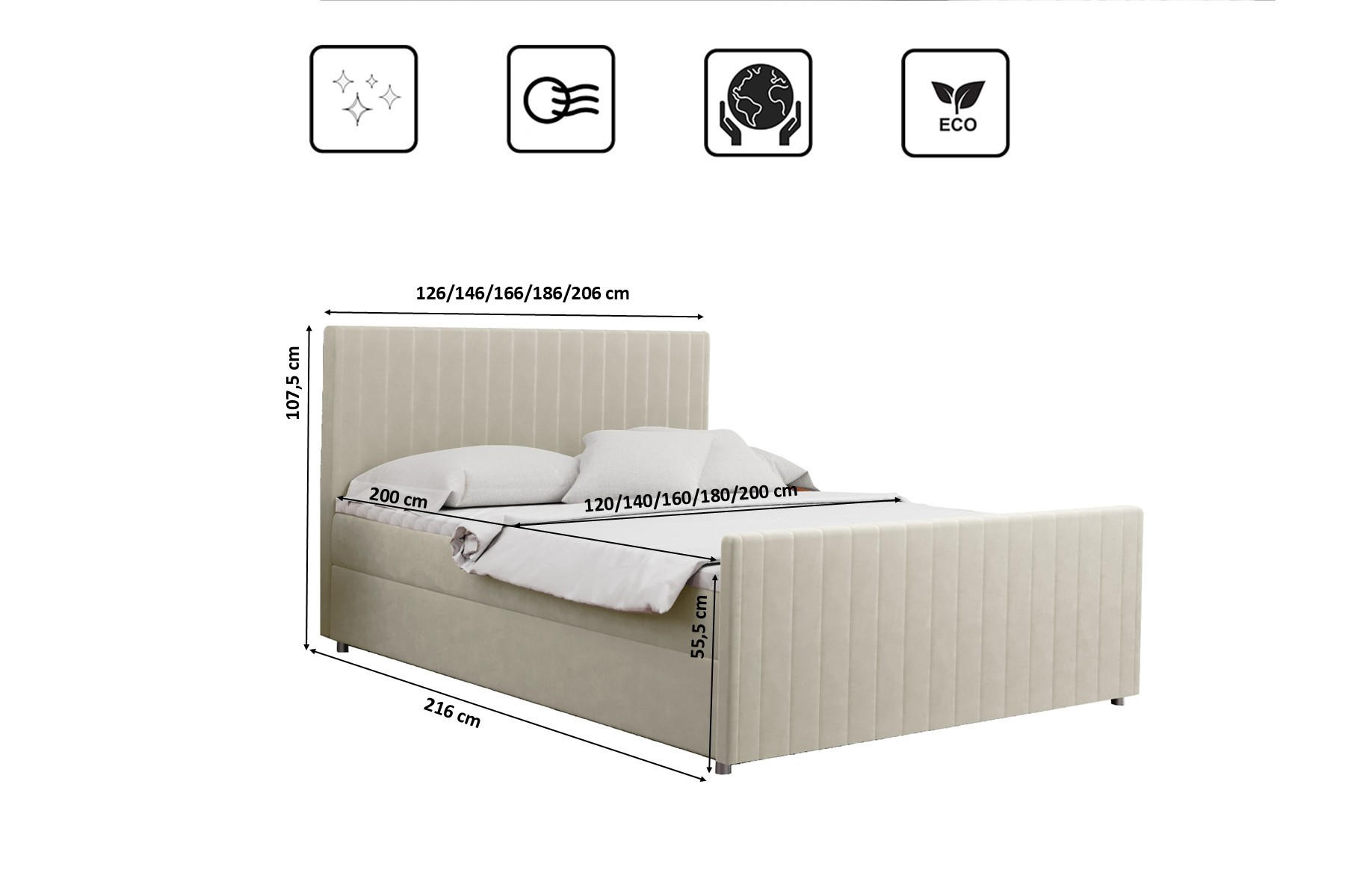 Thumbnail - Kaiser Möbel Boxbett, Ecru, Textil, 2 Schubladen, H3, Höhe ca. 20 cm, einzeln stellbar,Rechteckig, 120x200 cm, Schlafzim...