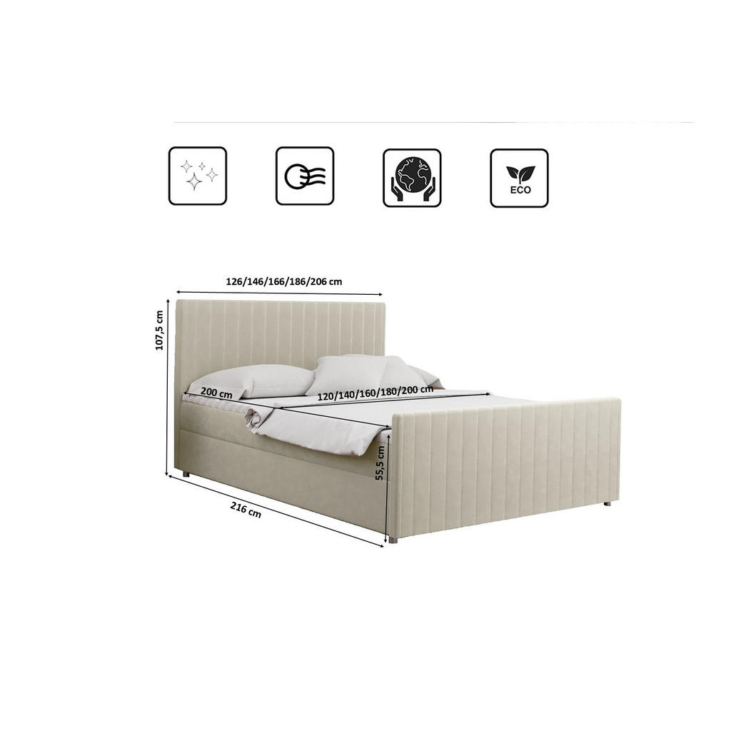 Thumbnail - Kaiser Möbel Boxbett, Ecru, Textil, 2 Schubladen, H3, Höhe ca. 20 cm, einzeln stellbar,Rechteckig, 160x200 cm, Schlafzim...