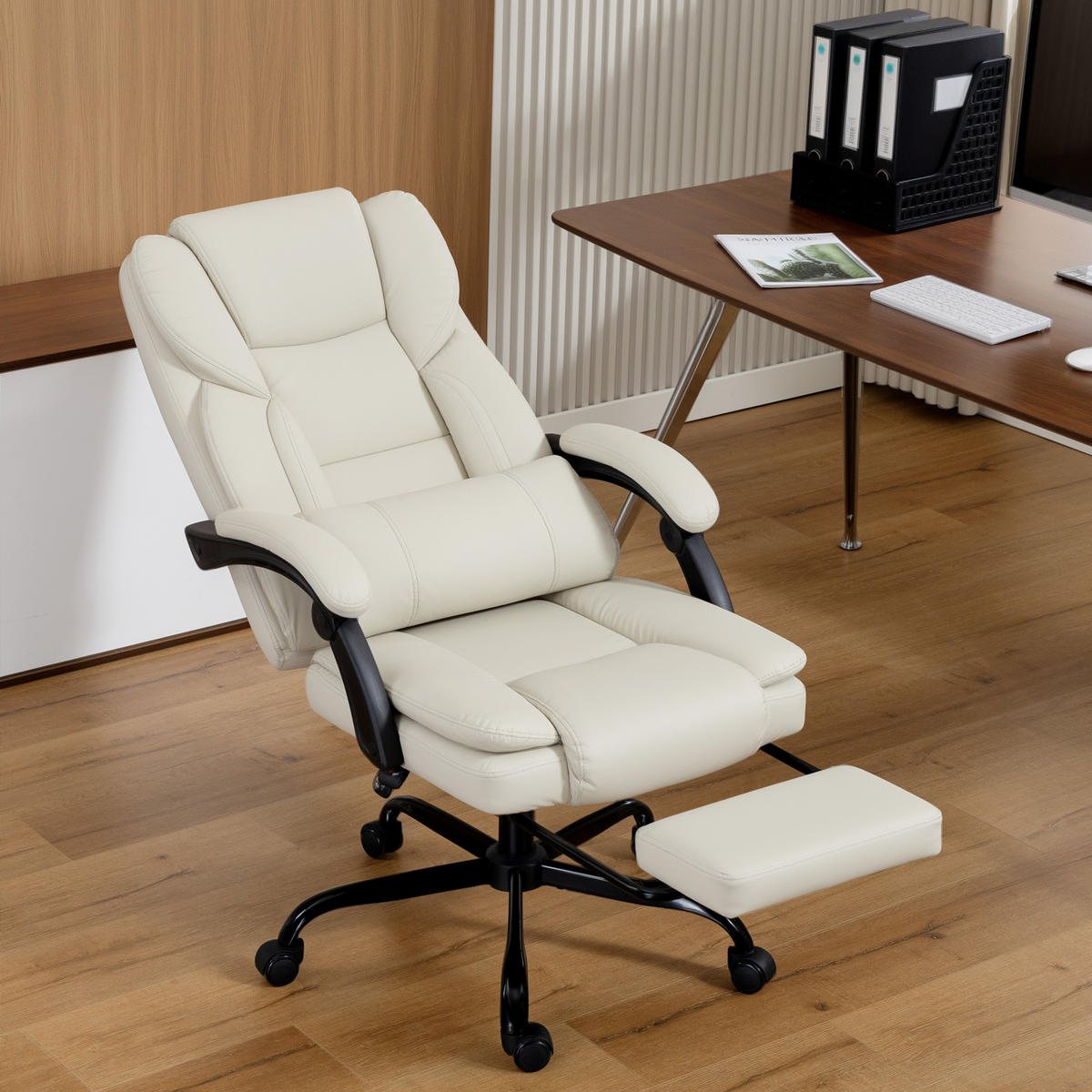 BÜROSTUHL, Ergonomisch mit Verstellbar Rückenlehne, Beige - Beige/Schwarz, Kunststoff/Textil (65/119/67cm) - HOMCOM