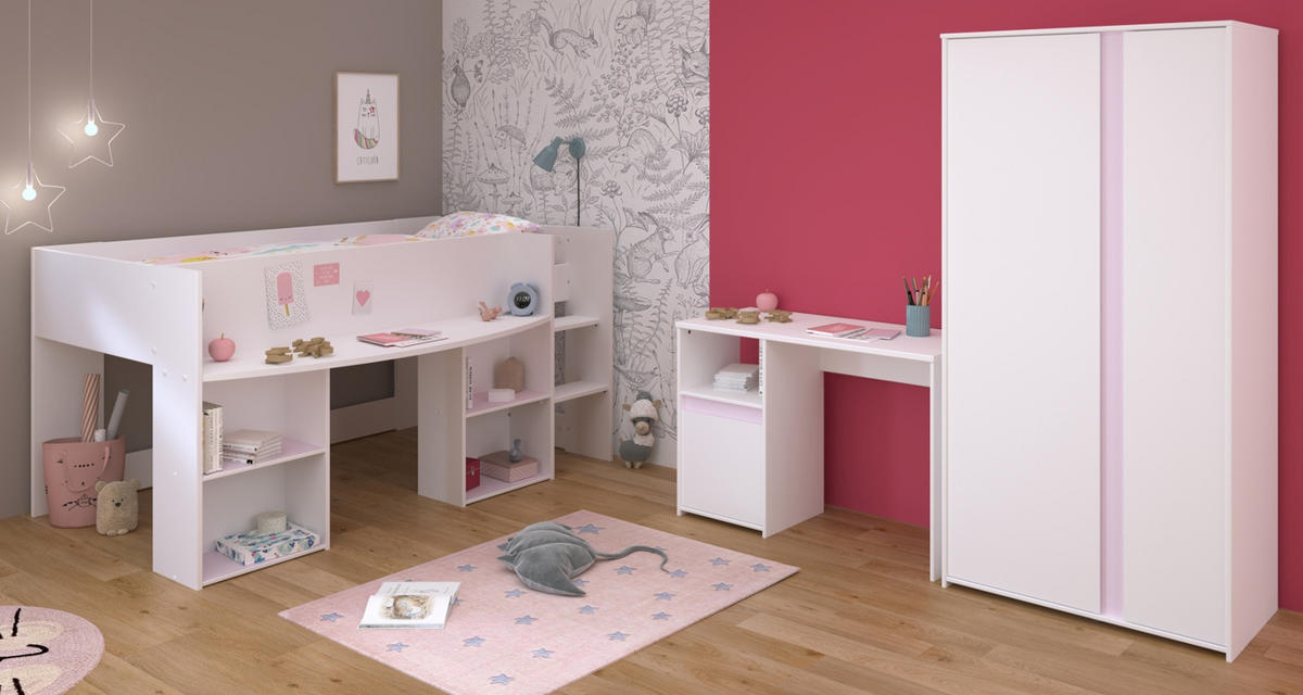 KINDERZIMMER Set 3-tlg. Kleiderschrank Schreibtisch Hochbett 90x200 - Weiß, Holz/Holzwerkstoff (90/182/200cm) - Parisot Meuble