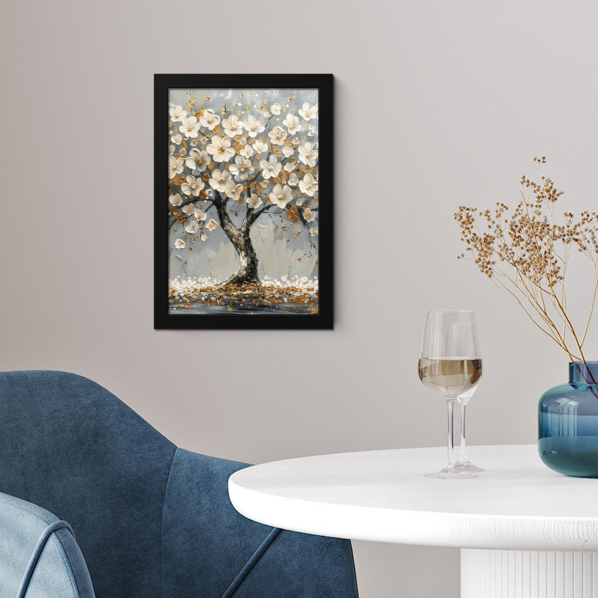 GERAHMTES BILD Baum - Blumen - Weiß - Natur - Kunst 20x30 cm - Weiß, Papier (20/30cm) - MuchoWow