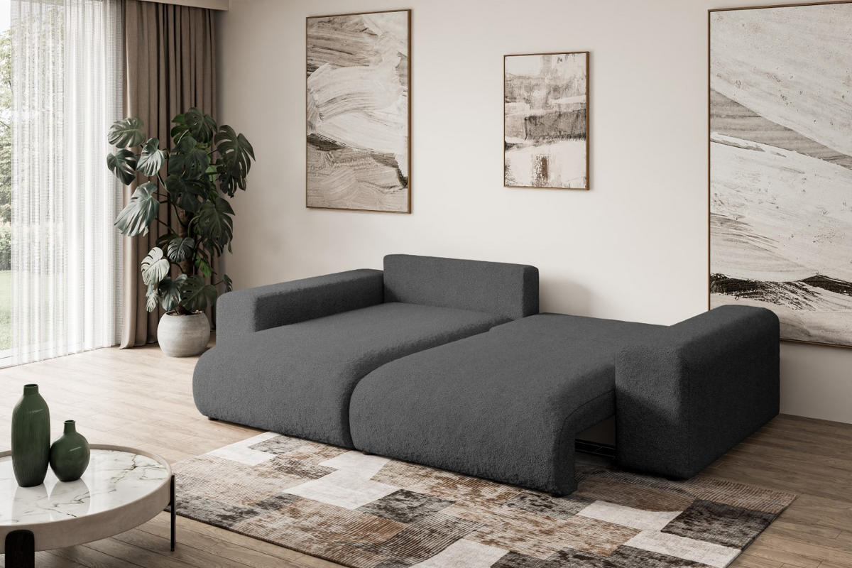 ECKSOFA mit Schlaffunktion und Bettkasten ESKAR-L 256x165x84cm Grau Bouclé - Schwarz/Grau, Holzwerkstoff/Kunststoff (165/256cm) - ALTDECOR