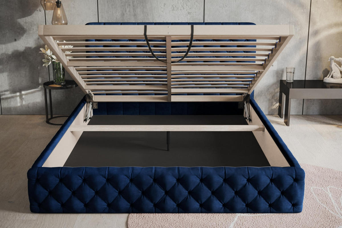 BETT 140x200 - Polsterbett mit Bettkasten und Holzrahmen - Elegant Betten - Glatter Kronos-Stoff - Kollektion Miami, Blau - AlpiMeble - Dunkelblau, Holz/Kunststoff (140/200cm) - Alpi-Möbel