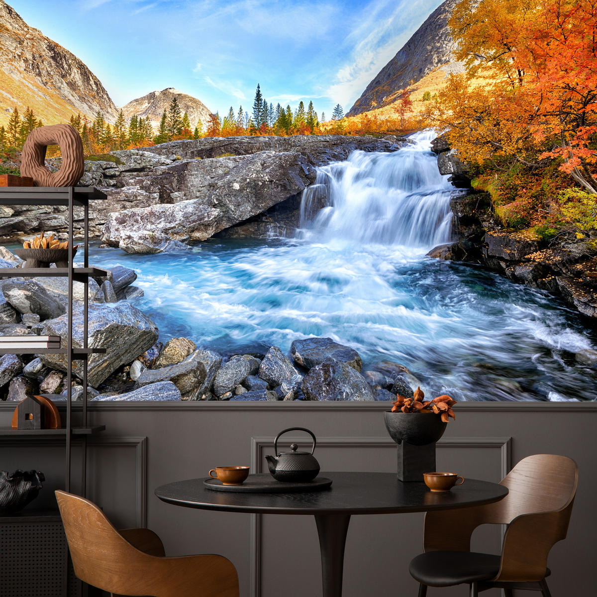 FOTOTAPETE Wasserfall Berge Wald Felsen 3D 300x210 - Blau/Gelb, Papier (300/210cm) - Muralo