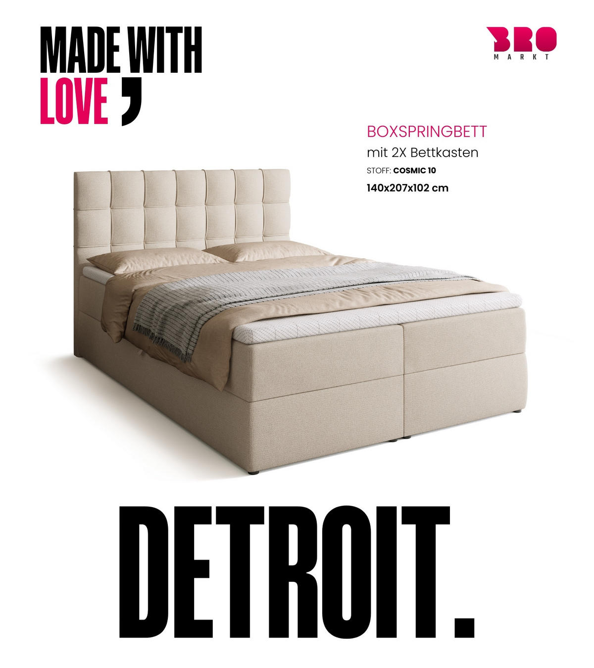 BOXBETT Detroit mit Topper 140/200 Ecru - Ecru, Holzwerkstoff/Textil (140/200cm) - Bromarkt