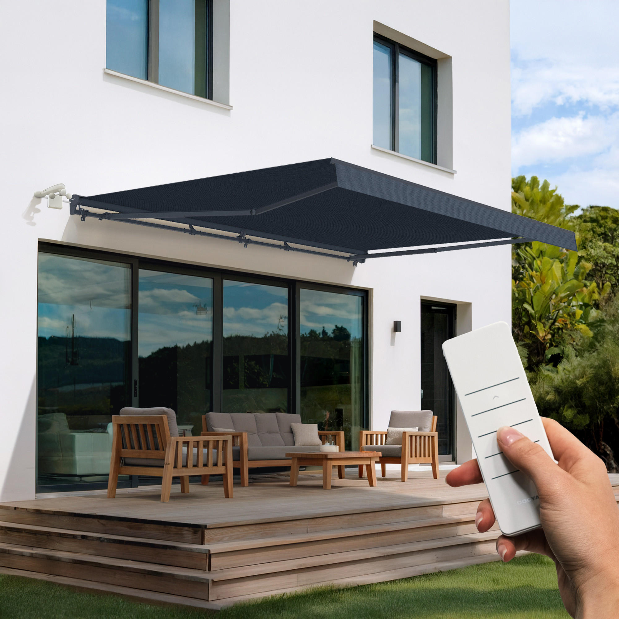 HALBKASSETTENMARKISE Fazzio Graue 5m x 3m motorisierte - Premium-Leinwand 320g/m² - Grau, Metall (500/270/300cm) - Cazeboo