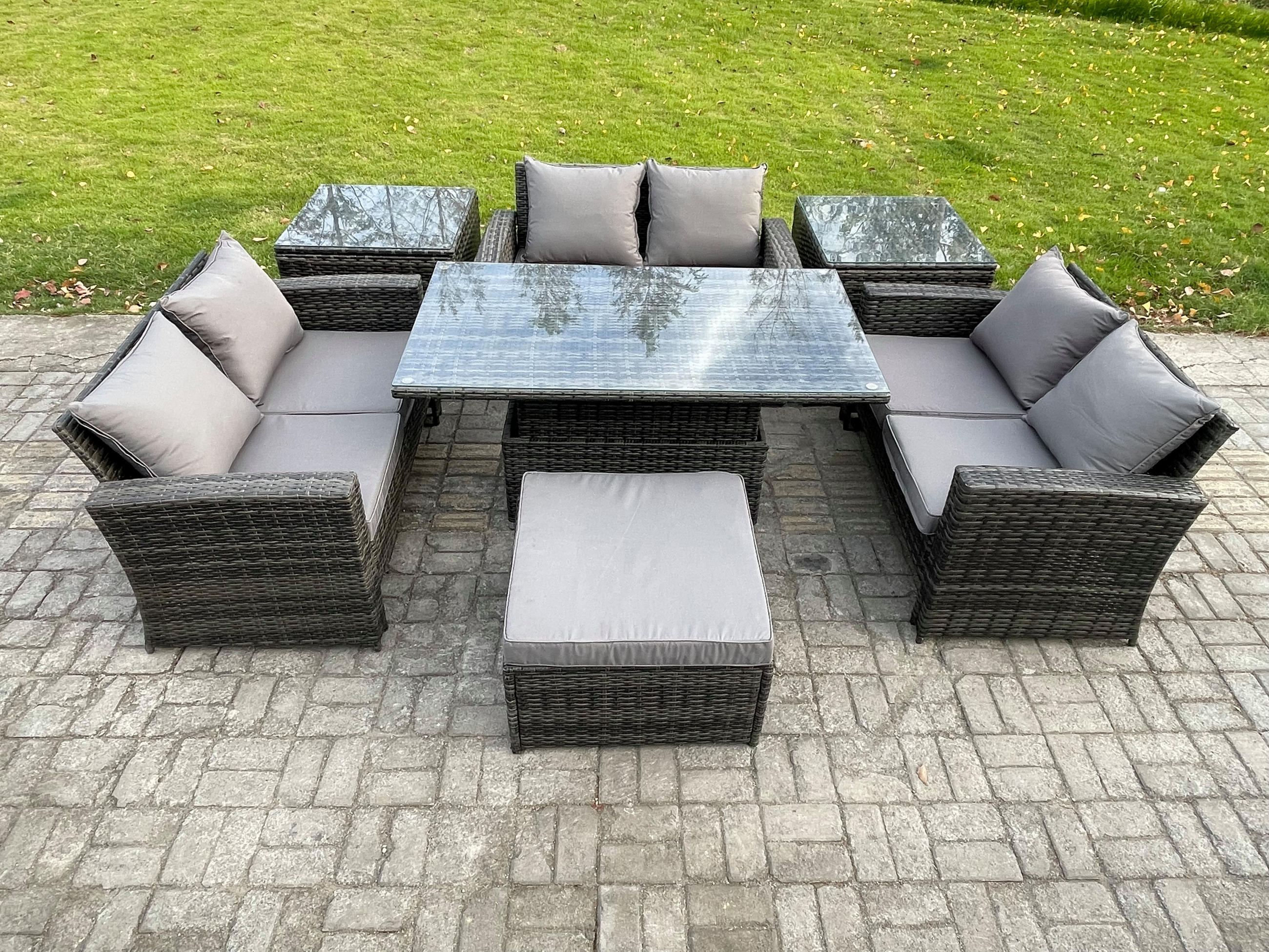 GARTENGARNITUR Polyrattan Dunkelgrau 7-Sitzer - Dunkelgrau, Metall - Fimous