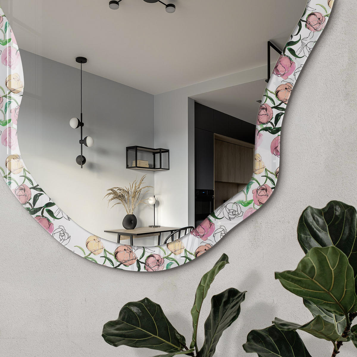 SPIEGEL 90x45 cm asymmetrisch mit Druck - Blumenmuster - Transparent, Glas (45/90/0.4cm) - TULUP