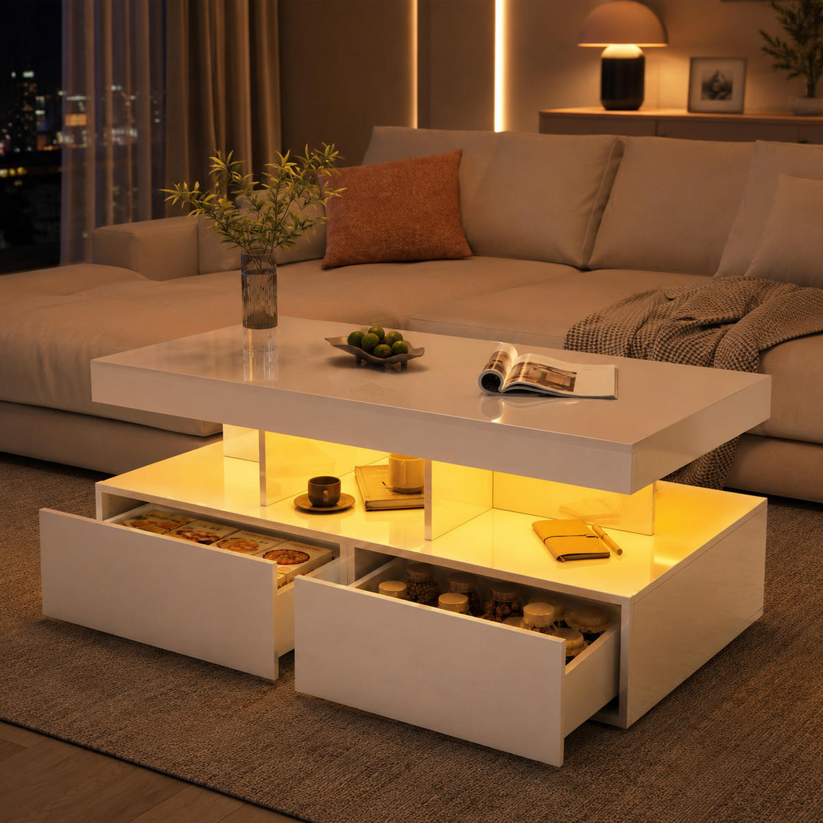 COUCHTISCH mit LED-Beleuchtung und Stauraum, elegantes Design - Weiß, Holz (104/53/46cm) - Joyfair