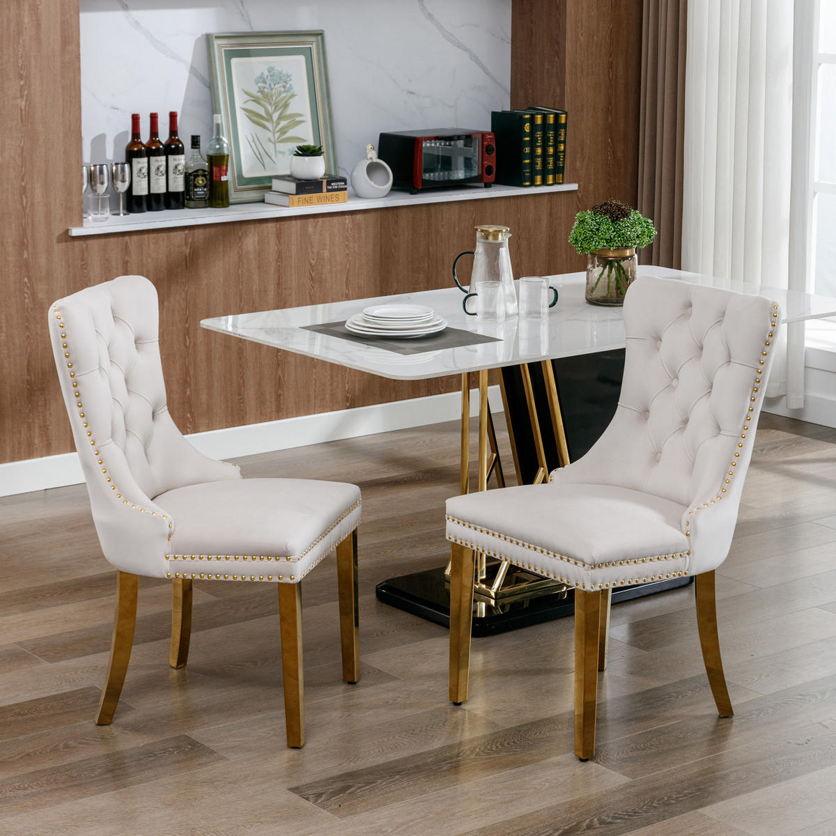STUHL-SET DE-36289 2 Stück mit goldenen Beinen Beige - Beige, Holz (50/95/65cm) - ComfortXL