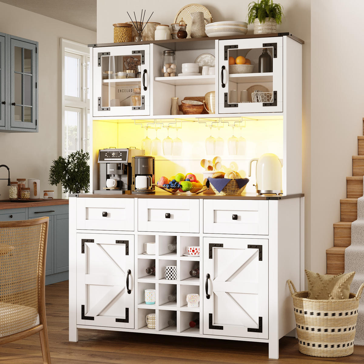 GESCHIRRSCHRANK aus MDF & Glas 120x40x170cm in Weiß mit LED & Steckdosenleiste - Weiß, Holzwerkstoff (120/170/40cm) - Modfu