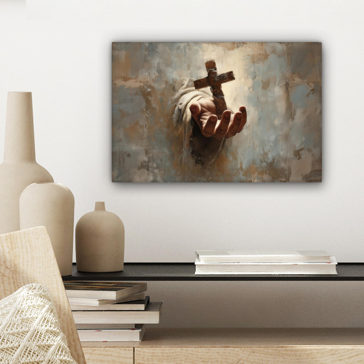 LEINWANDBILD Abstrakt - Kreuz - Hand - Christentum Deko Schlafzimmer 30x20 cm - Hellbraun, Textil (30/20cm) - MuchoWow