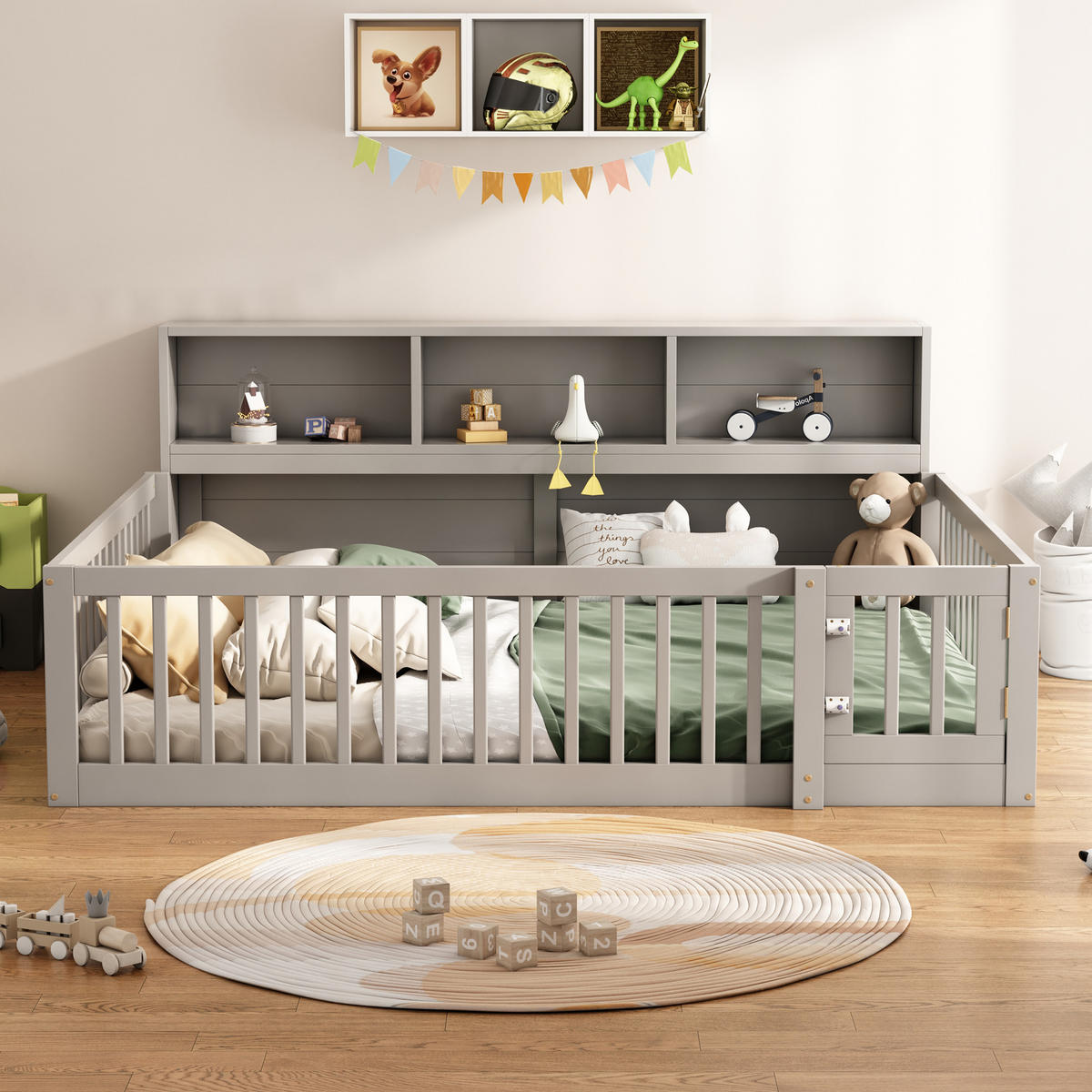 BODENBETT 140/200 cm grau mit Staufach und Lattenrost - Grau, Holz (140/200cm) - OKWISH