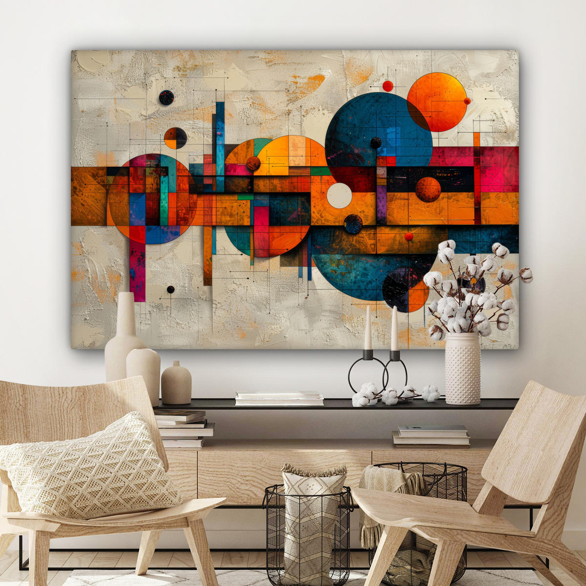 OBRAZ NA PLÁTNE Vintage - Moderné umenie - Oranžová - Geometrické tvary 120x80 cm - viacfarebná, textil (120/80cm) - MuchoWow
