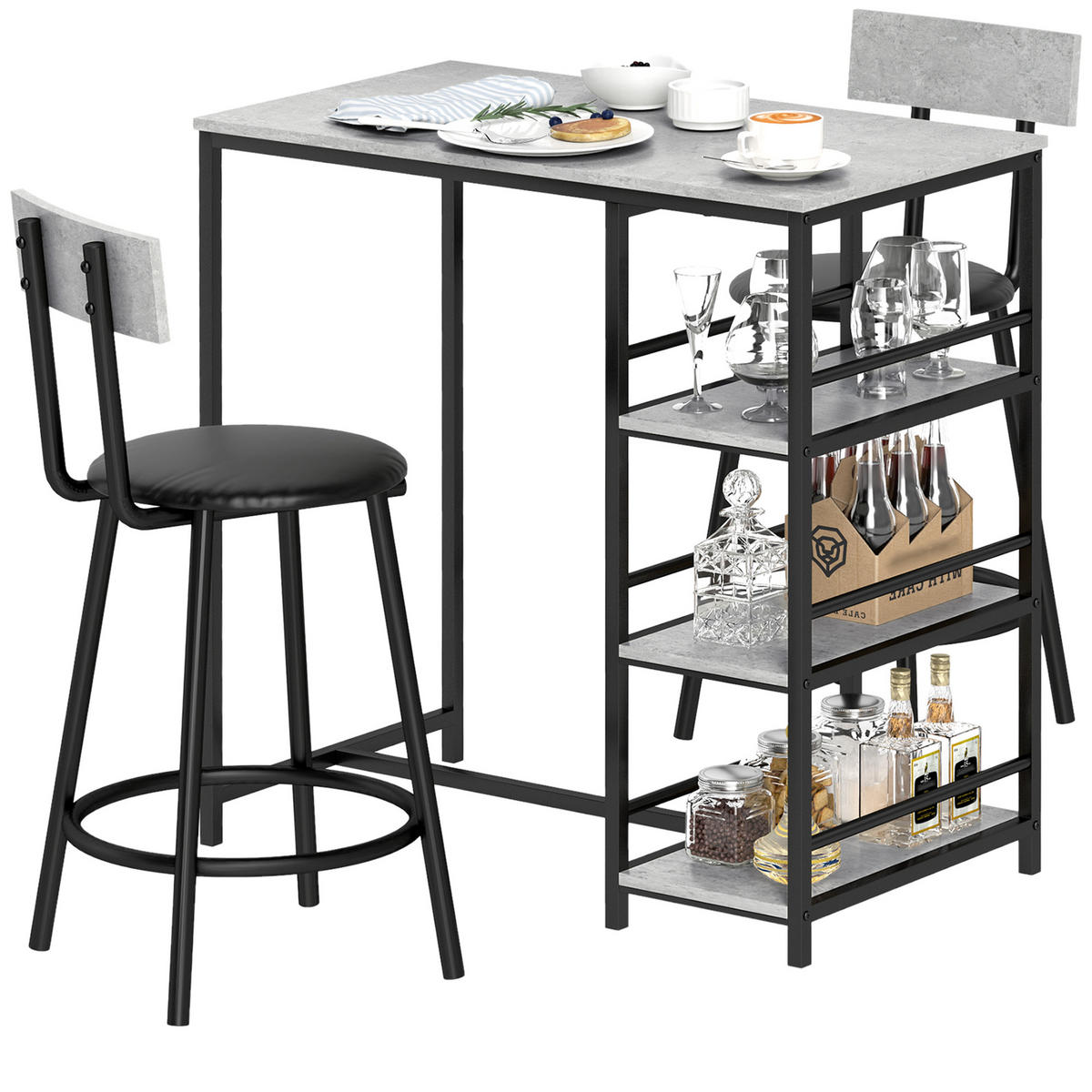 BARTISCH-SET DE-14753 mit 3 Ablagen & 2 Hockern Grau/Schwarz - Hellgrau, Holzwerkstoff (90/50/90.5cm) - ComfortXL