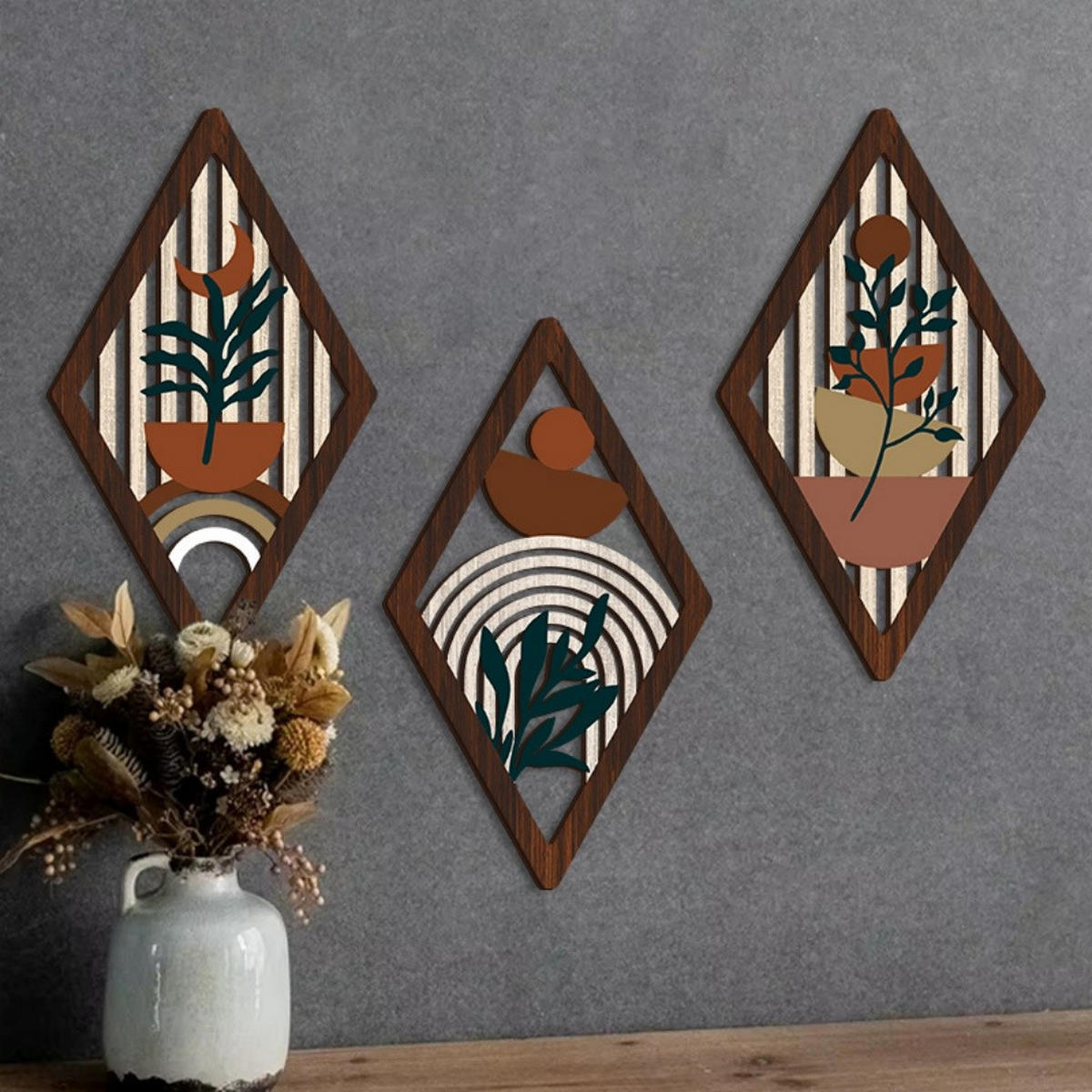 WANDDEKO 30x17cm Gitterblume Holz 3er Set - Akaziefarben, Holzwerkstoff (30/1cm) - Weltevree