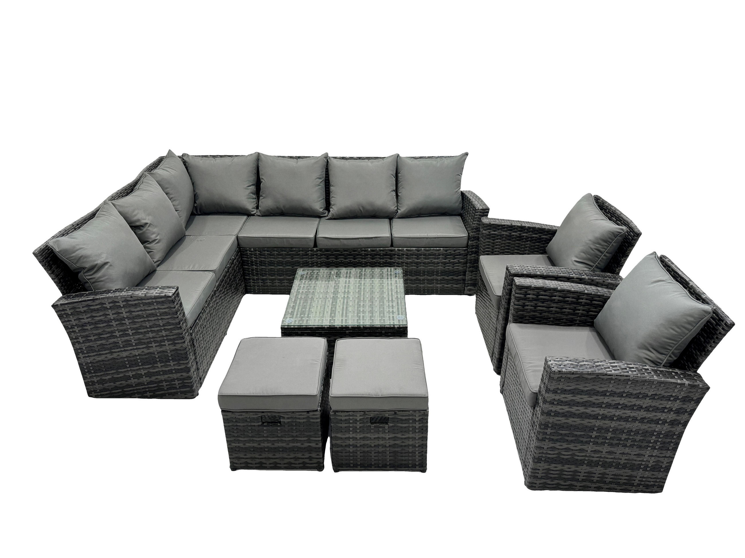 BALKONMÖBEL-SETS mit Ecksofa,Quadratischer Couchtisch,2 Hocker,2 Sesseln Polyrattan Dunkelgrau 10-Sitzer - Dunkelgrau/Grau, Glas/Kunststoff - Fimous