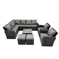 BALKONMÖBEL-SETS mit Ecksofa,Quadratischer Couchtisch,2 Hocker,2 Sesseln Polyrattan Dunkelgrau 10-Sitzer - Dunkelgrau/Grau, Glas/Kunststoff - Fimous