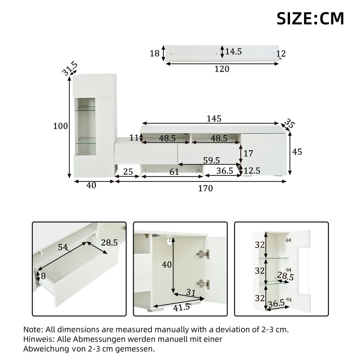 OBÝVACIA stena 170/35/45 cm biela s LED osvetlením a vysokým leskom z drevotriesky, akrylu a skla - biela, kompozitné drevo (170/45/35cm) - OKWISH