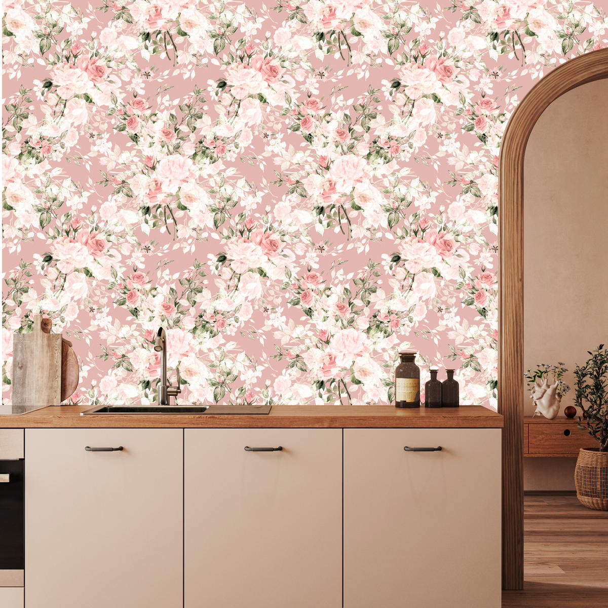 VLIESTAPETE Aquarellrosen im Vintage-Stil – Rosa, Weiß – 50x1000 cm - Rosa/Weiß, Papier (50/1000cm) - Muralo