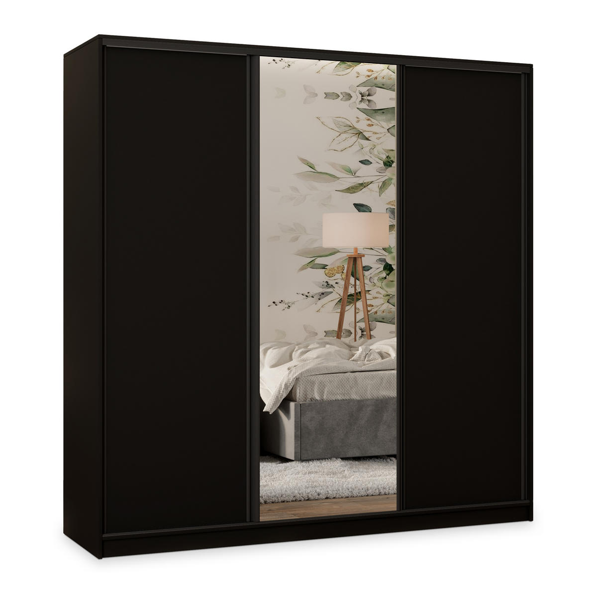 SCHWEBETÜRENSCHRANK TARI 200/205/58 cm 3-türig mit Spiegel und 4 Schubladen Schwarz - Schwarz, Holzwerkstoff (200/205/58cm) - MASSENO