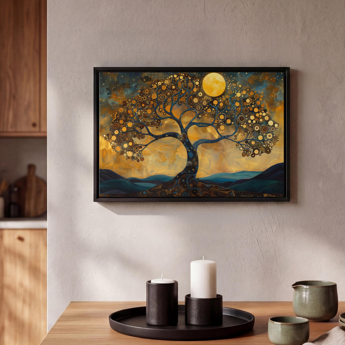 LEINWAND Bilder mit Rahmen - Baum - Mond - Blumen - Gold - Kunst - 30x20 - Orange, Textil (30/20cm) - MuchoWow
